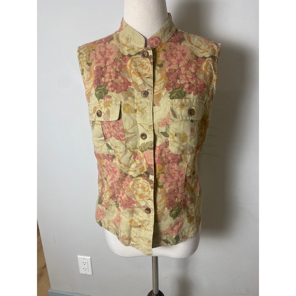 Vintage Cambridge Dry Goods 90s Floral Ramie Cotton Sleeveless Top M Tan Pink